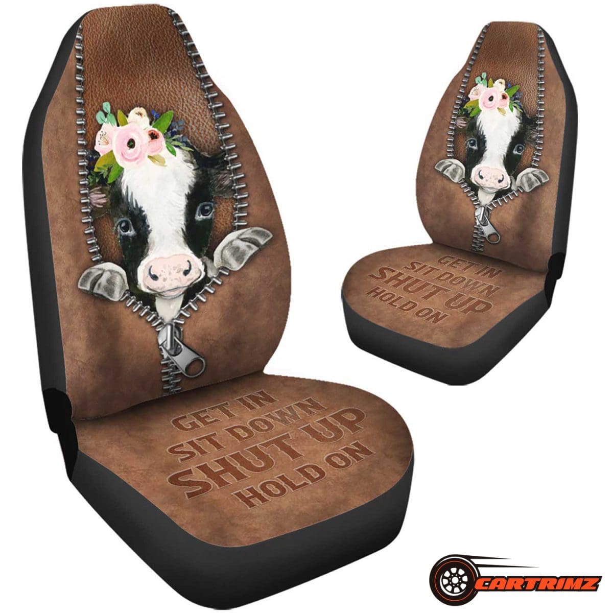 Personalized Cow Couple Car Seat Covers with Floral Wreath