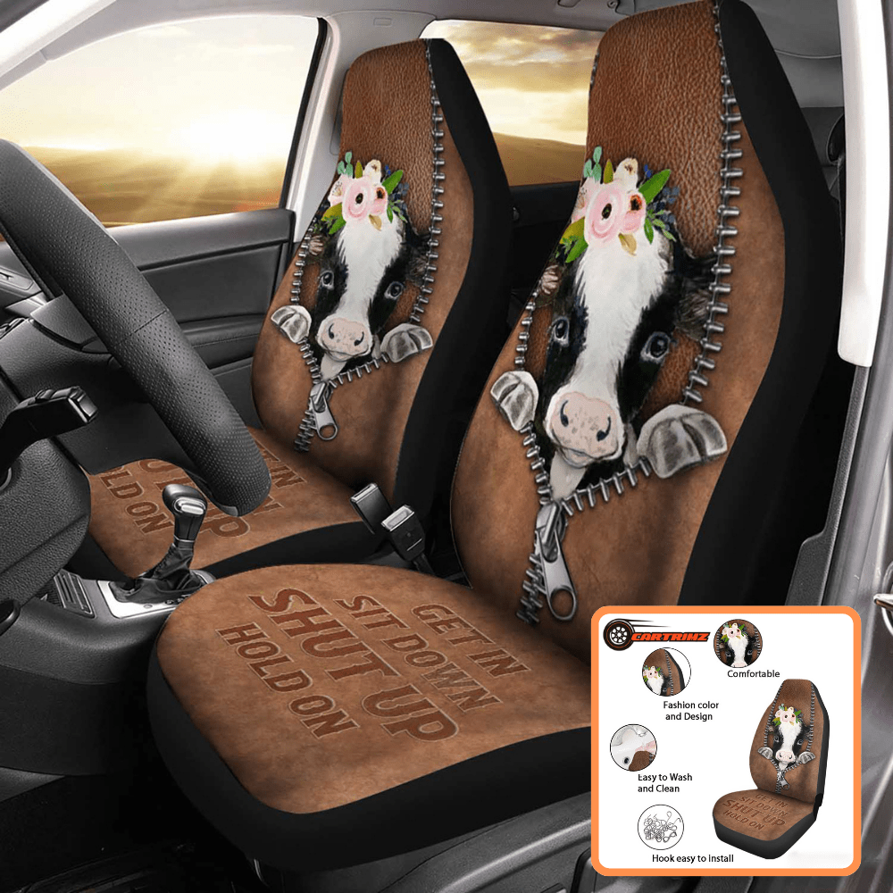 Personalized Cow Couple Car Seat Covers with Floral Wreath